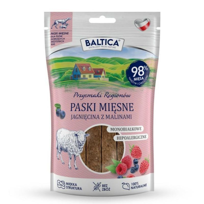 BALTICA Smaki Regionów - mięsne paski jagnięcina z malinami - przysmak dla psa, 90 g