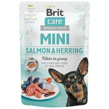 BRIT CARE MINI POUCH SALMON & HERRING STERILISED - Mokra karma dla psów ras małych po steryzlizacji, saszetka 85g