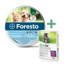 Foresto obroża przeciw pchłom i kleszczom dla kotów i psów poniżej 8kg wagi ciała + DRONTAL PLUS FLAVOUR - TABLETKI NA ODROBACZENIE DLA PSÓW, 2SZT.