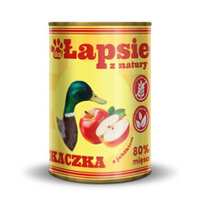 Łapsie Kaczka z jabłkiem - Pełnoporcjowa, monobiałkowa mokra karma dla dorosłych psów, puszka 400g