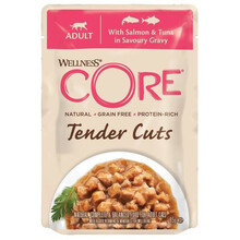 Wellness Core Tender Cuts - karma mokra, dla dorosłych kotów z łososiem i tuńczykiem 8x85g saszetki